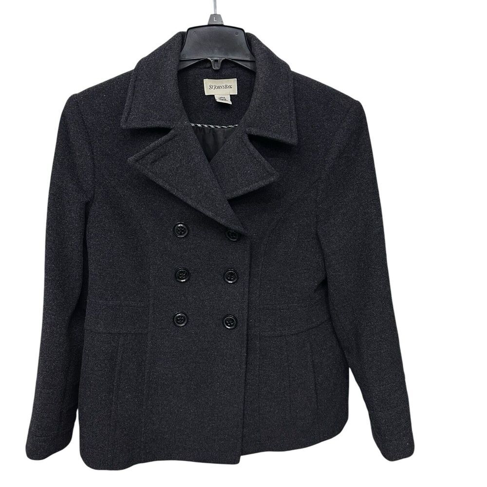 St. John's Bay Women Sz L Grey Wool Cashmere Blend Double-Breasted Peacoat VTG